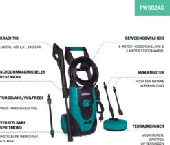 VONROC Hogedrukreiniger V18-2 1800W – 140 Bar – 420 L/h – Incl. 8m Slang, Geïntegreerde Reinigingsmiddelen Tank, Terrasreiniger, Spuitstukken En Accessoires -Tuingereedschaps winkel 1200x1027