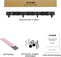 Volcan Bezemhouder - Bezem Ophangsysteem Tuingereedschap - Gereedschapshouder - Zelfklevend - 3M Tape - 3 Houders 4 Haken - RVS Zwart -Tuingereedschaps winkel 1200x1117