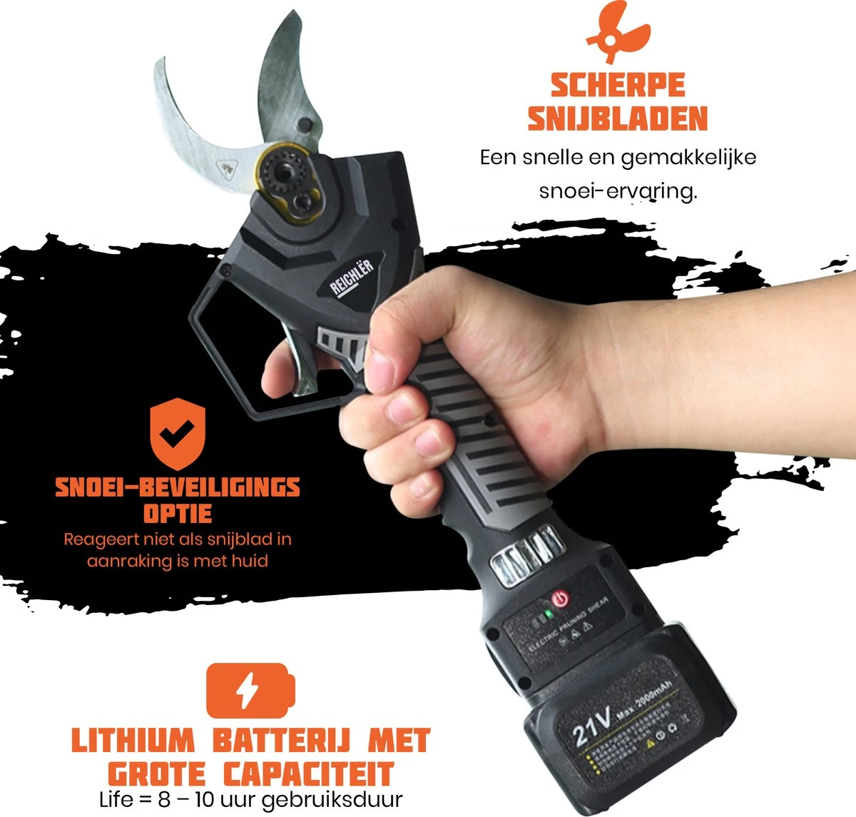 Reichlër® Elektrische Snoeischaar - 40 Mm Snijdiameter - 2x Accu - Anti-cut Functie - Heggenschaar - Takkenschaar - Zwart 6 Reichlër® Elektrische Snoeischaar - 40 Mm Snijdiameter - 2x Accu - Anti-cut Functie - Heggenschaar - Takkenschaar - Zwart - Afbeelding 4