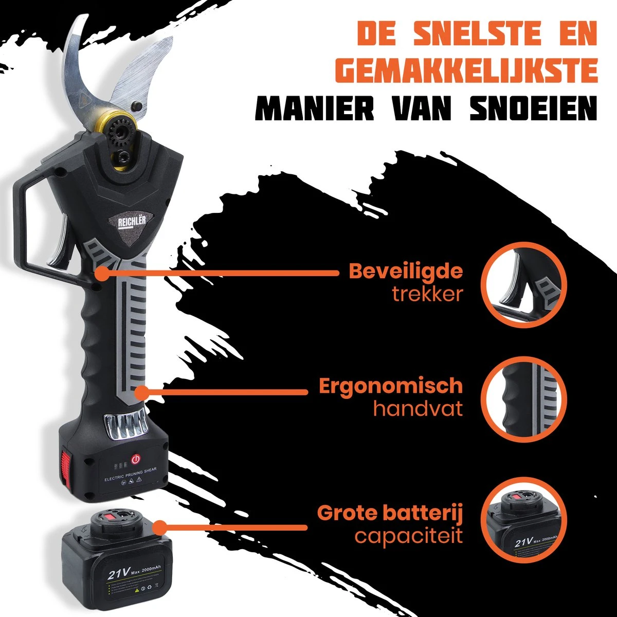Reichlër® Elektrische Snoeischaar - 40 Mm Snijdiameter - 2x Accu - Anti-cut Functie - Heggenschaar - Takkenschaar - Zwart 5 Reichlër® Elektrische Snoeischaar - 40 Mm Snijdiameter - 2x Accu - Anti-cut Functie - Heggenschaar - Takkenschaar - Zwart - Afbeelding 3