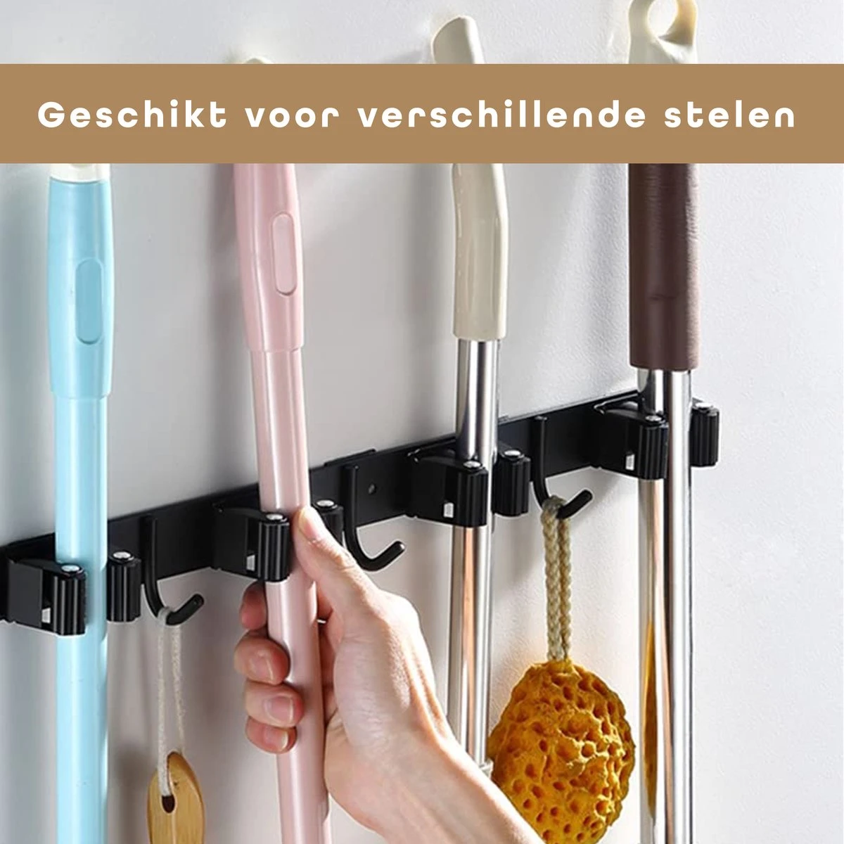 Bezem Ophangsysteem – Bezemhouder – Tuingereedschap – RVS – 5 Houders – 6 Haken - BAULK® 5 Bezem Ophangsysteem – Bezemhouder – Tuingereedschap – RVS – 5 Houders – 6 Haken - BAULK® - Afbeelding 3